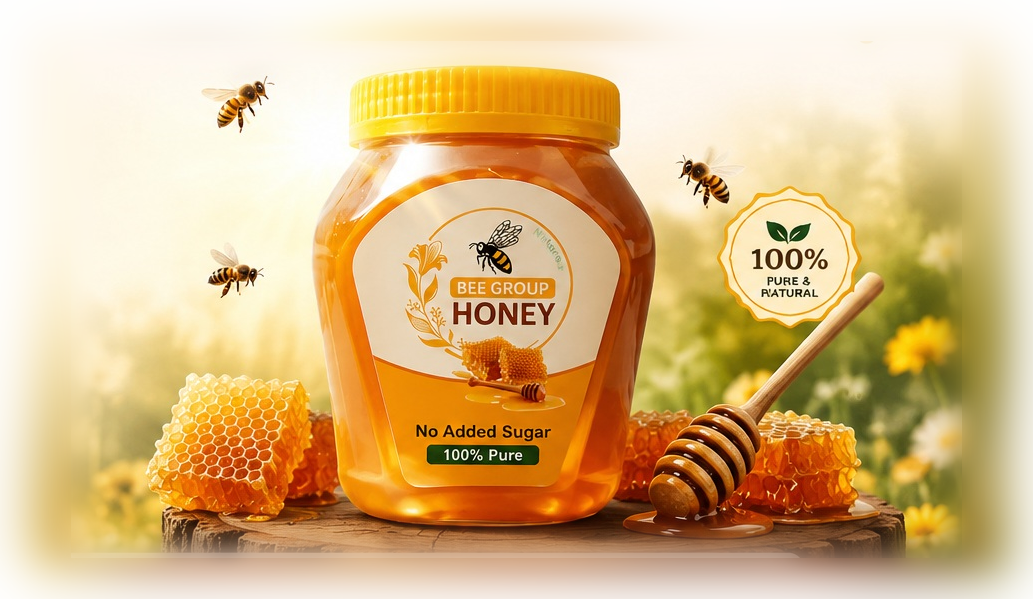 Bee Group Honey jar with fresh honeycomb, on a wooden stump